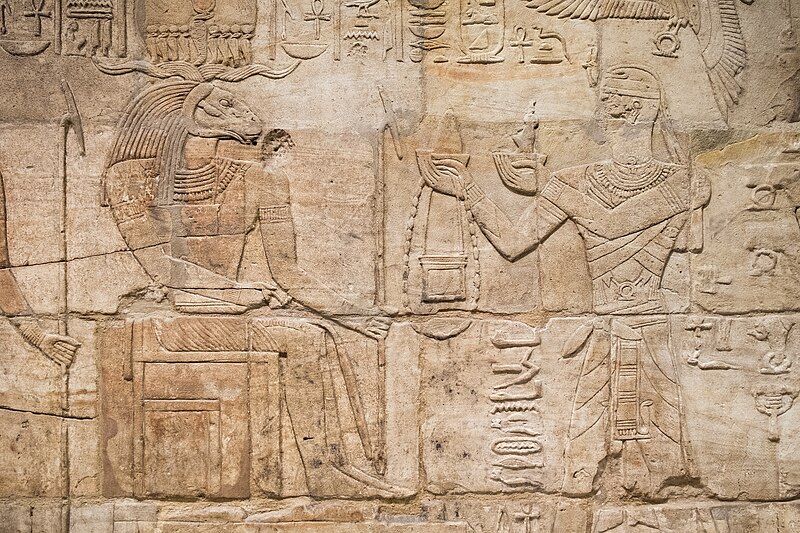File:Taharqa and the gods of Gematen (the Temple of Kawa). He makes an offering to the ram-headed god Amun-Re. Kawa shrine.jpg