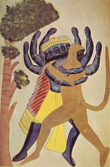 The demon ravana fighting with the ape hanuman, 1880, kalighat school.jpg