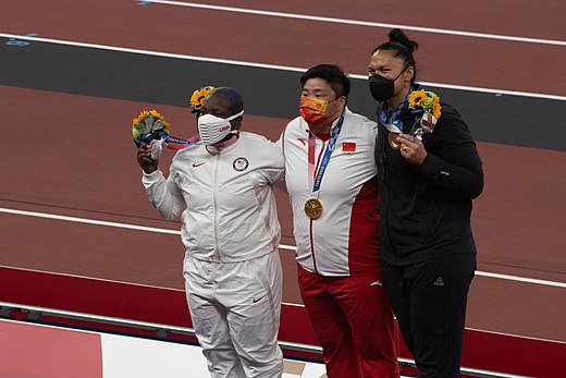 From left to right: Raven Saunders, Gong Lijiao, and Valerie Adams won silver, gold, and bronze respectively during the women's shot put event.[23]
