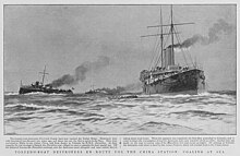 Torpedo-Boat Destroyers Hart and Handy en route for the China Station, coaling at sea by HMS Marathon. The Graphic 1896 Torpedo-Boat Destroyers en route for the China Station, coaling at sea - The Graphic 1896.jpg