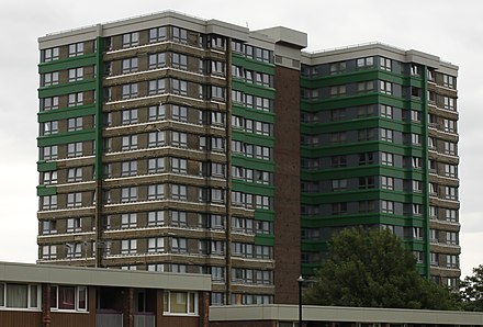 Hanover House, a residential tower block in Sheffield, with its cladding partially removed after failing fire safety tests following the Grenfell Tower fire.