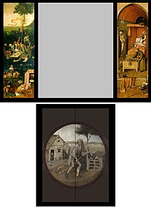 A reconstruction of the left and right wings of the triptych: at upper left The Ship of Fools; at lower left: Allegory of Gluttony and Lust. Panel at right is Death and the Miser. At bottom The Wayfarer which would have been on the outside of the triptych. Triptyque du vagabond (reconstitution).jpg