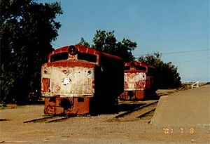 Two NSU class locomotives that used to haul the narrow-gauge train, The Ghan, in the former railway yard at Marree, in 2001.jpg