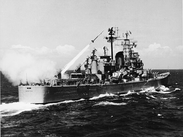 USS Boston firing a Terrier guided missile, August 1956.