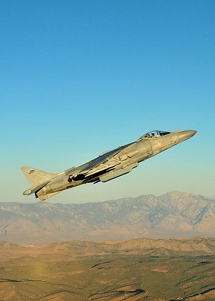 File:US Navy 110921-N-ZZ999-002 An AV-8B Harrier assigned to Air Test and Evaluation Squadron (VX) 31 conducts the first test flight of a mix of 50-50 j.jpg