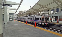 RTD Silverliner at Denver Union Station. Union Station Track 2 platform and RTD communter rail cars.jpg