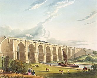 A Mersey flat on the Sankey Canal, approaching the Sankey Viaduct (1831) Viaduct across the Sankey Valley, from Bury's Liverpool and Manchester Railway, 1831 - artfinder 122455.jpg