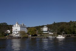 View of the Goodspeed Opera House (left) and Gelston House (right) from the Connecticut River
