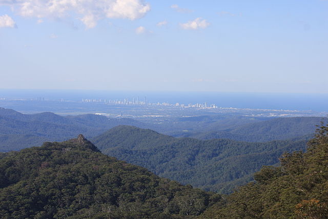 View towards the coast from Springbrook. The Surfers Paradise skyline can be seen in the distance.