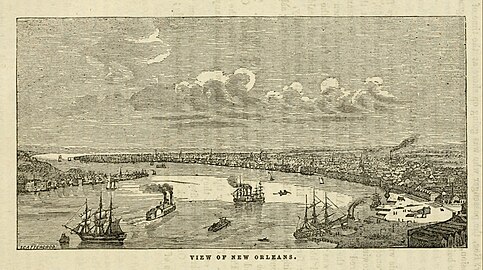 View of the port of New Orleans in the 1850s, etching signed Scattergood