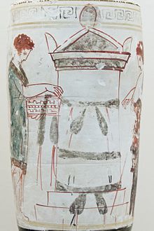Photographie montrant des détails d'un vase athénien. Une femme depose une guirlande sur une tombe.