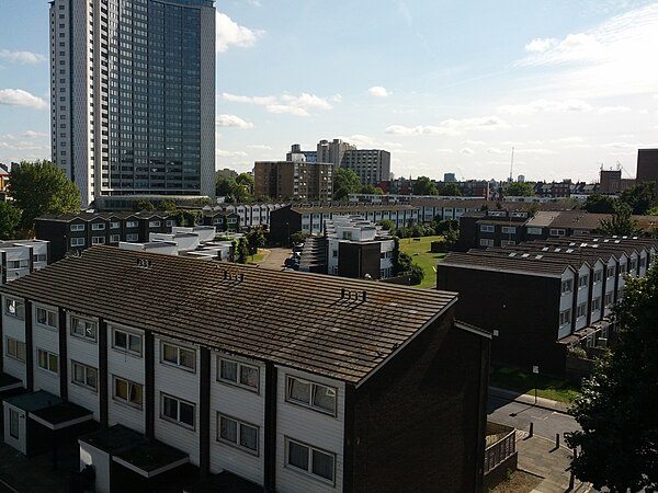 A housing estate in West Kensington, with many rows of similar terraced flats.