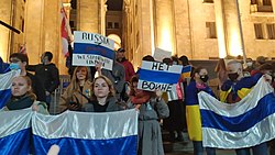Бело-сине-белый флаг во время протестов в Тбилиси 2 марта 2022 года