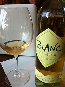 A German blanc de noir from the Baden region made from Pinot noir grapes pressed quickly after harvest to produce a white wine from the red grapes White Pinot noir from Baden.jpg