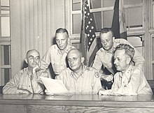 The Yamashita Trial Commission. From left to right: Major General Leo Donovan, Brigadier General Morris C. Harwerk, Major General Russel B. Reynolds, Brigadier General Egbert F. Bullens, and Major General James A. Lester Yamashita Trial Commission.jpg