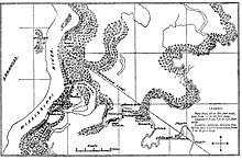 Kaart van de waterwegen die in het eerste deel van de expeditie werden behandeld.  Beginnend bij de Yazoo Cut op de Mississippi net onder Helena, Arkansas, gaat het door Moon Lake en vervolgens langs de Yazoo Pass naar de Coldwater River.