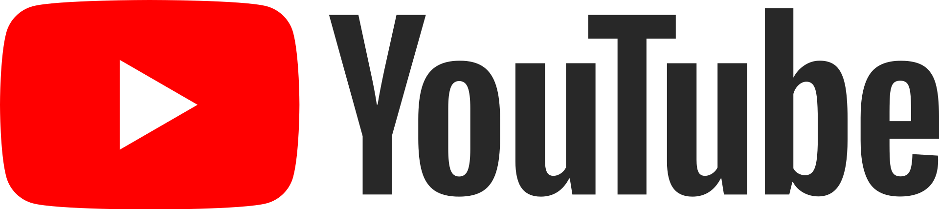 The YouTube logo is made of a red round-rectangular box with a white "play" button inside and the word "YouTube" written in black.
