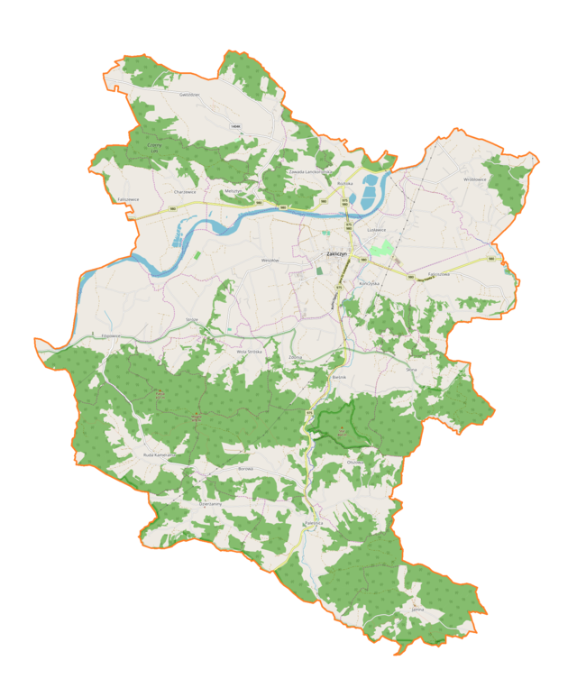 Mapa konturowa gminy Zakliczyn, blisko centrum na prawo u góry znajduje się punkt z opisem „Zakliczyn”