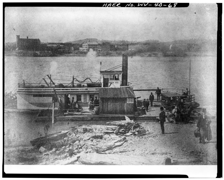 File:"Emma Ull" in foreground. Marietta business district in background Photographer unknown, 1880 - Williamstown-Marietta Bridge, Spanning Ohio River between Williamstown and HAER WVA,54-WILTO,1-68.tif