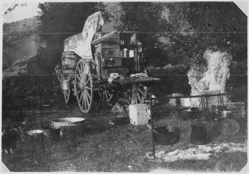 File:"Two-Bar chuck wagon camped at Dry Fork of Elkhead Creek, Spring of 1907. Photo by J.H. Sizer." - NARA - 293489.jpg