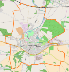 Mapa konturowa Środy Śląskiej, blisko centrum na dole znajduje się punkt z opisem „Muzeum Regionalne w Środzie Śląskiej”