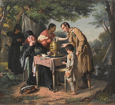 An 1862 painting by Vasily Perov depicts impoverished people meeting a wealthy man.