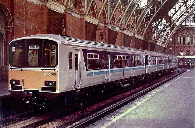 During a demonstration run in the summer of 1985, unit 150001 stands in Platform 7 at St. Pancras