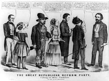 "The Great Republican Reform Party Calling on their Candidate", an 1856 political cartoon in which various "extremists", including a Catholic, press John C. Fremont, the first Republican party candidate for president of the United States, for their respective causes. There was a political campaign smear rumor current in 1856 that Fremont was a Catholic. 1856-Republican-party-Fremont-isms-caricature.jpg