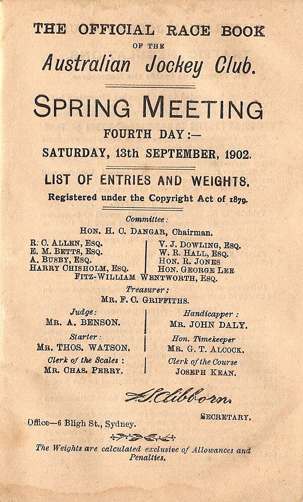 Inside cover showing raceday officials