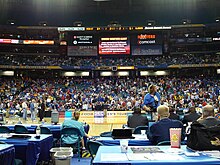 A hiatus in the Alabama vs. Mississippi State quarterfinal on March 14, 2008. The team returned to the court at 10:30 p.m. the same night, and Mississippi State defeated Alabama 69-67 in overtime. 2008SECtournament.jpg