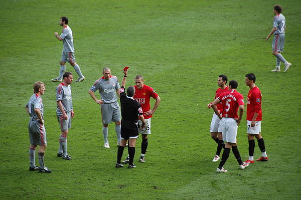 Nemanja Vidić of Manchester United being sent off in a Premier League match against Liverpool on 14 March 2009. Liverpool won this game 4–1.