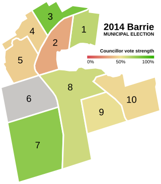 A map of Barrie with each of the 10 wards labelled and coloured according to the data listed below