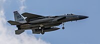 A US Air Force F-15C Eagle, tail number 82-0038, on final approach at Kadena Air Base in Okinawa, Japan.