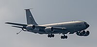 A KC-135R Stratotanker, tail number 62-3565, on final approach at Kadena Air Base in Okinawa, Japan in March 2020. It is assigned to the 909th Air Refueling Squadron at Kadena AB.