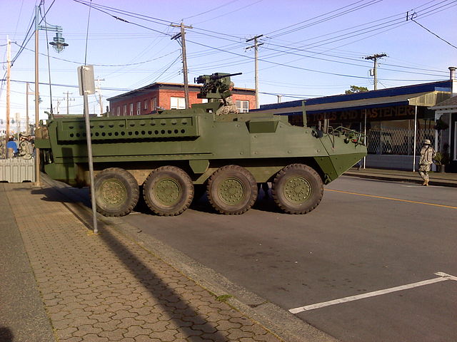 A wooden mock-up of a U.S. Army Stryker armoured fighting vehicle parked on Moncton St. in Richmond, BC during the shooting of Godzilla