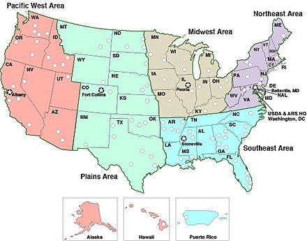 Carte américaine des cinq régions ARS (USDA)