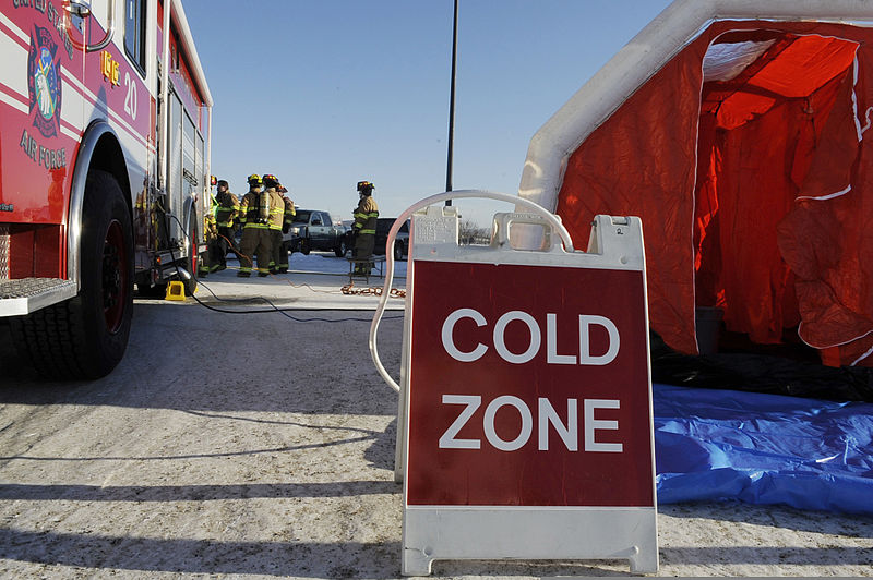 File:A "Cold Zone" sign sits by decontamination tents set up by emergency responders during an operational readiness exercise at Eielson Air Force Base, Alaska, March 11, 2011 110311-F-HE010-001.jpg