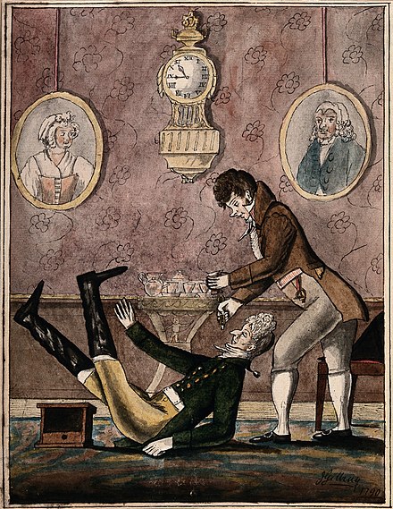 "A wealthy patient falling over because of having a tooth extracted with such vigour by a fashionable dentist", c. 1790. History of Dentistry.