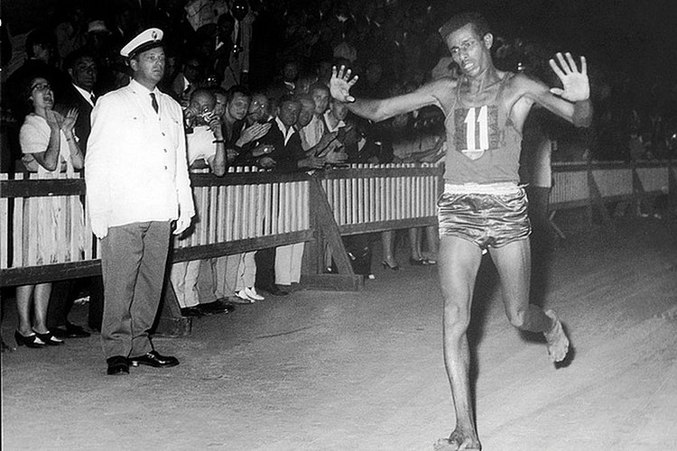 Abebe Bikila wins the marathon at the Olympic Games in Rome in 1960