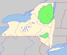 Two major state parks (in green) are the Adirondack Park (north) and the Catskill Park (south). Adirondack and Catskill Parks Locator.svg