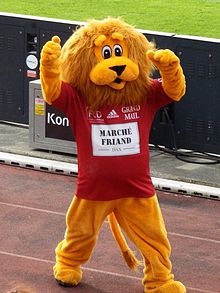 Een mascotte met de beeltenis van een leeuw gekleed in een rugbyshirt, armen in de lucht.