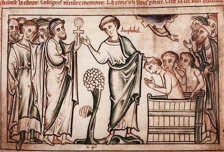 Amphibalus baptizing converts, from The Life of St. Alban, written and illustrated by Matthew Paris († 1259)