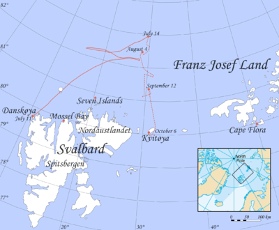 The path followed by the 1897 expedition: north by balloon from Danes Island, then south on foot to Kvitøya