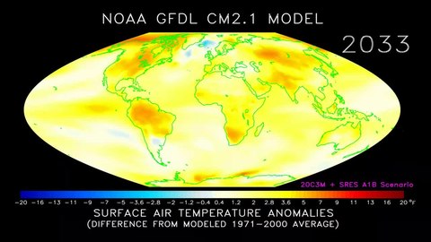 Fișier: animație a temperaturii medii anuale a aerului proiectate în perioada 1970-2100, pe baza scenariului de emisii SRES A1B (NOAA GFDL CM2.1) .webm