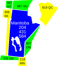 The area serviced by area codes 204, 431, and 584 in blue with neighbouring provinces, territories, and U.S. states in other colours Area codes MB.svg