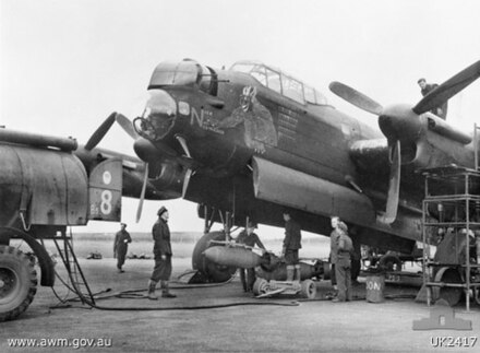 An Avro Lancaster of No. 463 Squadron RAAF at RAF Waddington in 1944. It completed sixty seven missions and twice returned safely with half the tail plane shot away.