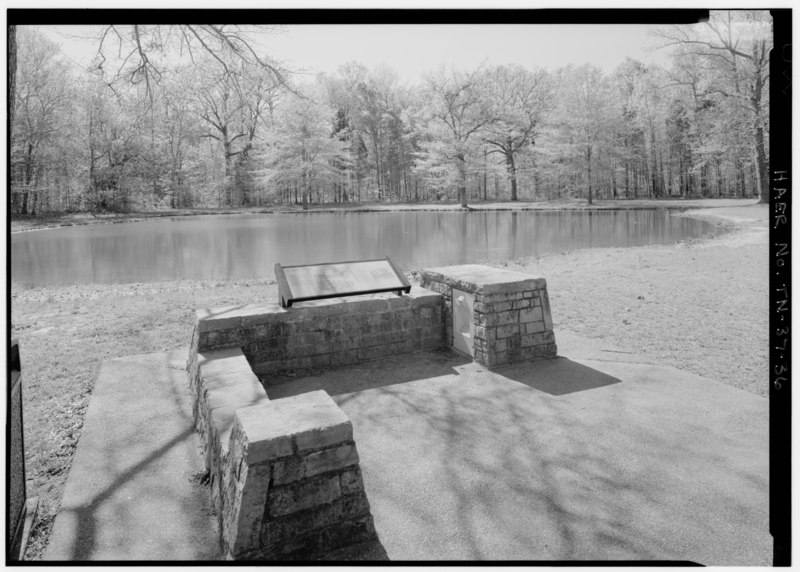 File:BLOODY POND WITH ROADSIDE EXHIBIT IN FOREGROUND, WEST SIDE OF HAMBURG SAVANNAH ROAD NORTH OF ORCHARD. VIEW W. - Shiloh National Military Park Tour Roads, Shiloh, Hardin County, HAER TENN,36-SHI.V,1-36.tif