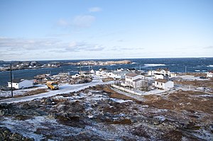 View of Barr'd Islands looking west toward the harbour breakwater Barr'd Islands, Fogo, Newfoundland.jpg