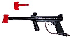 A barrel blocker in a Tippmann 98 Custom and by itself above. Barrel cover.jpg