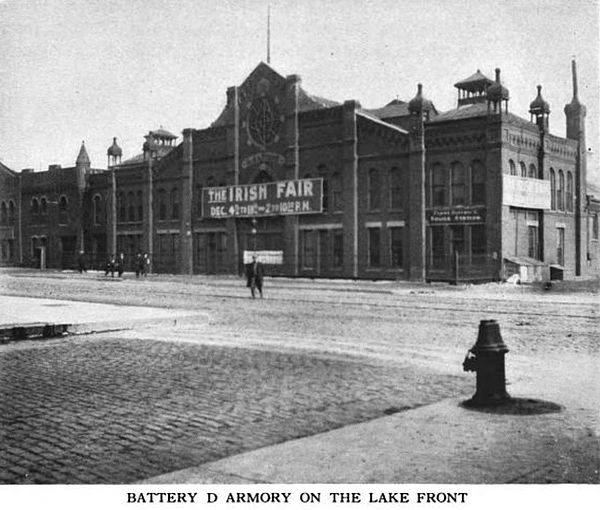 Battery D Armory stood on the east side of Michigan Avenue at Monroe Street. The building was used for various purposes, and "It appears that it occas